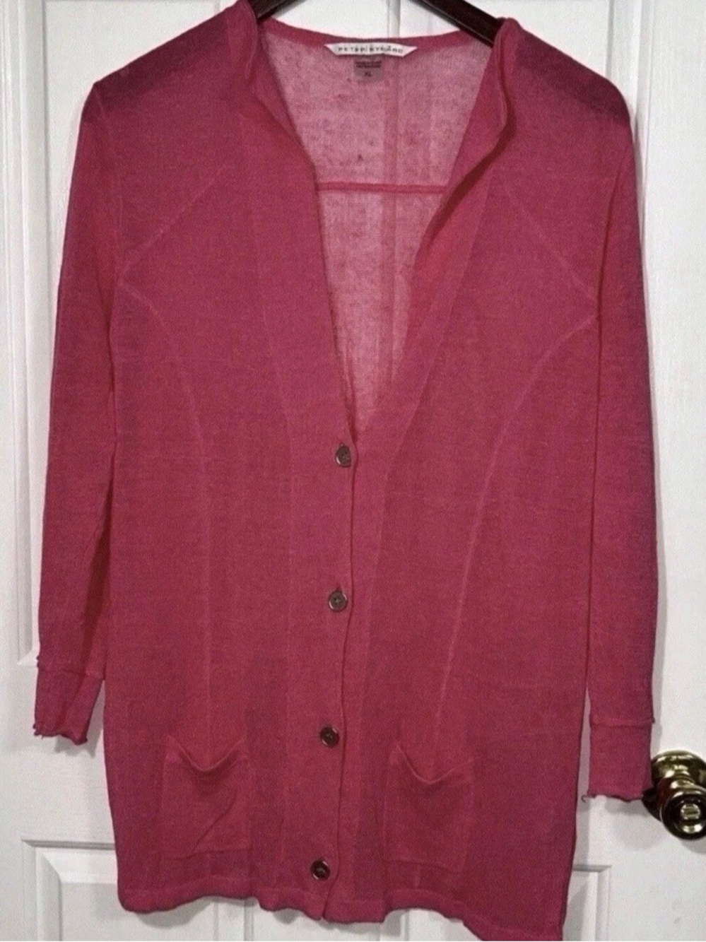 Peter Nygard Pink Charm Fine Knit Cardigan XL Long Button Front Pocket